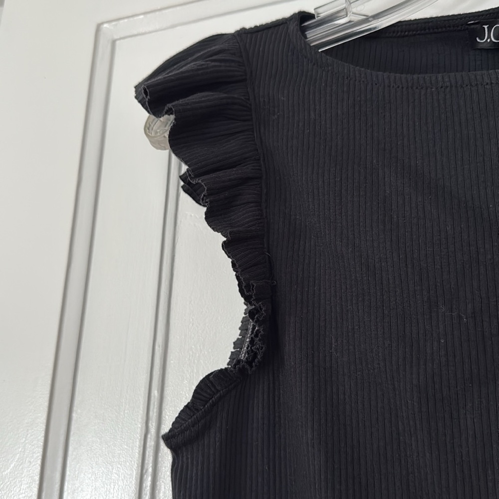 J.Crew Black Ribbed Top Medium Ruffle Sleeve Stretch Work Office Blouse M - Picture 3 of 5